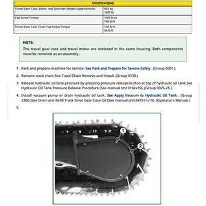 May include: Technical diagram titled "Travel Gear Case and Motor Remove and Install." Includes specifications for weight and torque. The image shows a travel motor cover with labeled parts: cap screw and travel motor access panel.