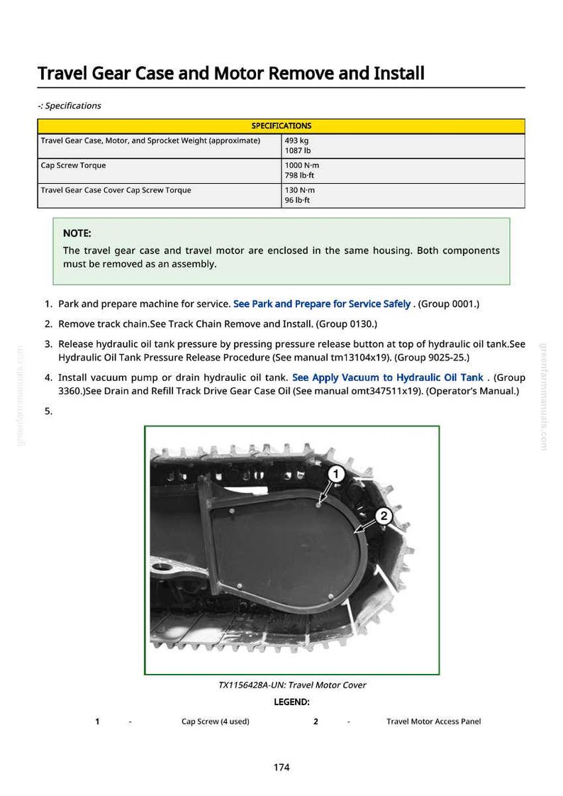 May include: Technical diagram titled "Travel Gear Case and Motor Remove and Install." Includes specifications for weight and torque. The image shows a travel motor cover with labeled parts: cap screw and travel motor access panel.