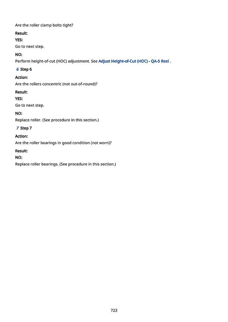 K&ouml;nnte beinhalten: Eine wei&szlig;e Seite mit schwarzem Text, der ein mechanisches Verfahren detailliert. Der Text enth&auml;lt Fragen zu Rollenklemmschrauben, konzentrischen Rollen und Rollenlagern mit Anweisungen f&uuml;r jedes Szenario. Die Zahl 723 befindet sich unten.