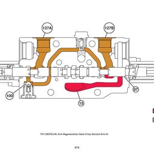 May include: Diagram of a cross-section of an arm regenerative valve, featuring a complex internal structure with red and tan components. The diagram includes labels and numbers, with the text "TX1128370" at the bottom.