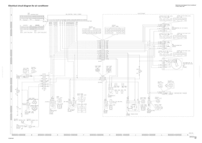 May include: A detailed electrical circuit diagram for an air conditioner, rendered in black and white. The diagram includes various components, labeled with text, and interconnected by lines representing electrical pathways. The title "Electrical circuit diagram for air conditioner" is at the top.
