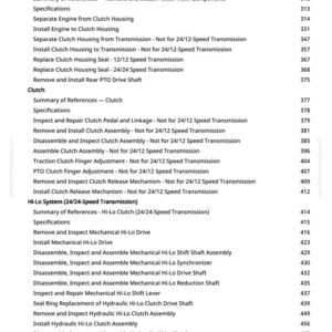 May include: A detailed table of contents from a manual, featuring sections on transmission repair, clutch components, and the Hi-Lo system. The text is black on a white background, with page numbers on the right.