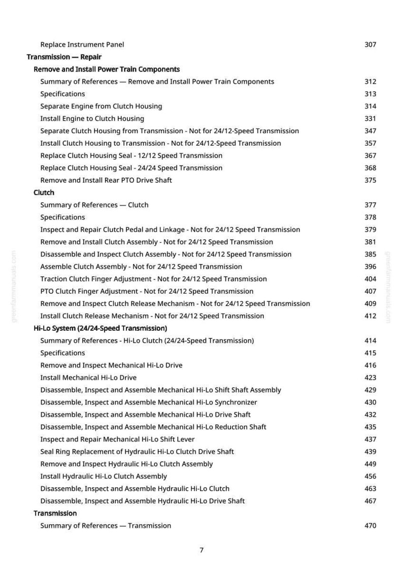 May include: A detailed table of contents from a manual, featuring sections on transmission repair, clutch components, and the Hi-Lo system. The text is black on a white background, with page numbers on the right.