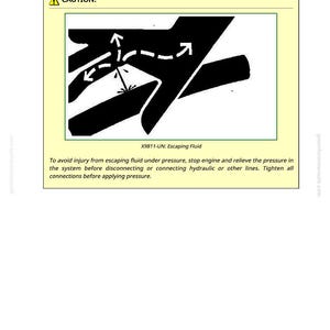 May include: A safety diagram with a yellow border and the word "CAUTION" at the top. The diagram shows black shapes and white arrows indicating fluid flow. Text below reads "X9811-UN: Escaping Fluid".