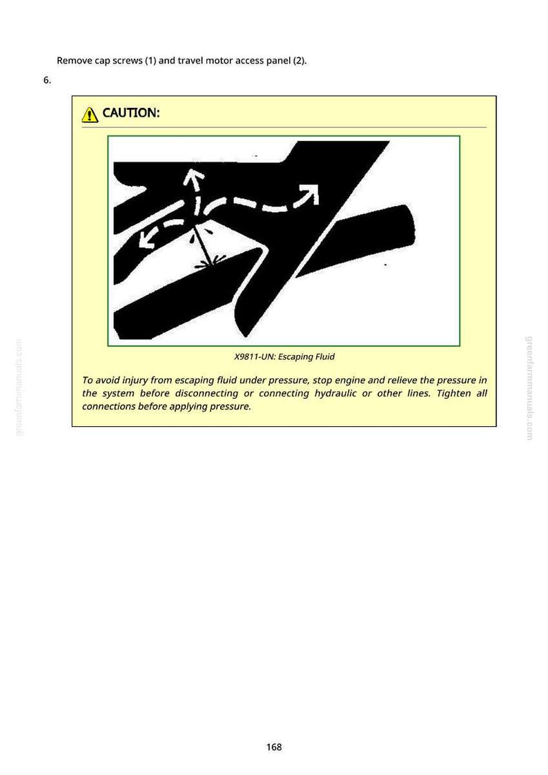 May include: A safety diagram with a yellow border and the word "CAUTION" at the top. The diagram shows black shapes and white arrows indicating fluid flow. Text below reads "X9811-UN: Escaping Fluid".