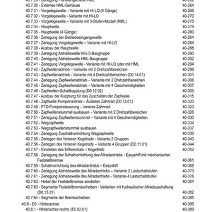 May include: A detailed contents page in black text, listing mechanical components and page numbers. The document, titled "INHALT", includes terms like "Kupplungen", "Getriebe", and "Zapfwellenabtrieb". Measurements are not applicable.