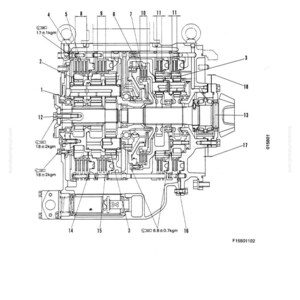 May include: Detailed technical diagram of a Torqflow transmission, labelled with numbers and measurements. The diagram is a black and white illustration with various mechanical components and text annotations.