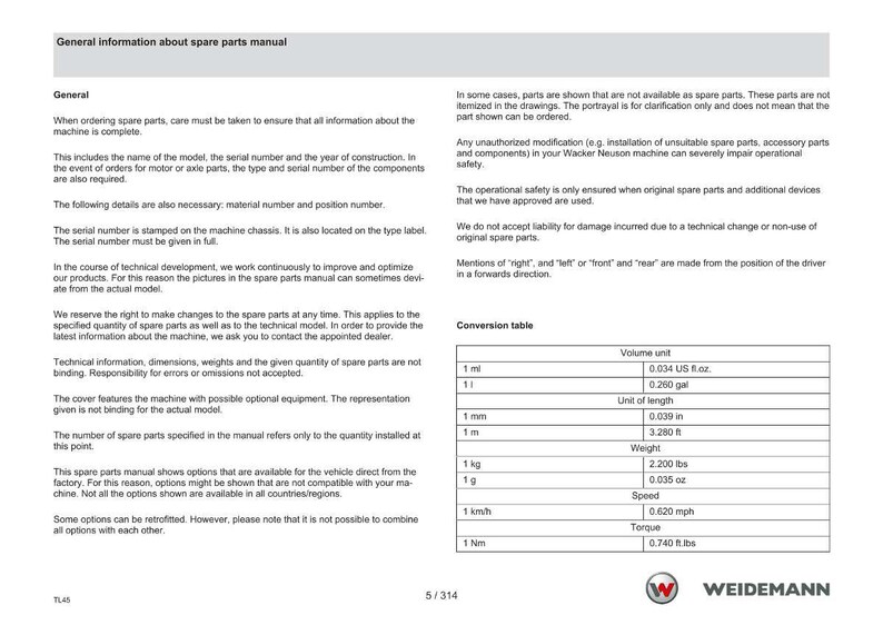 May include: A page from a spare parts manual with text and a conversion table. The text provides general information about ordering parts, including model and serial numbers. The table shows volume, length, weight, speed, and torque conversions.