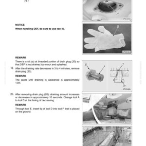 May include: Technical diagram illustrating the disassembly and assembly of a DEF tank sensor flange. Includes images of tools, a drain plug, and a protective glove. Text instructions and measurements are also included.