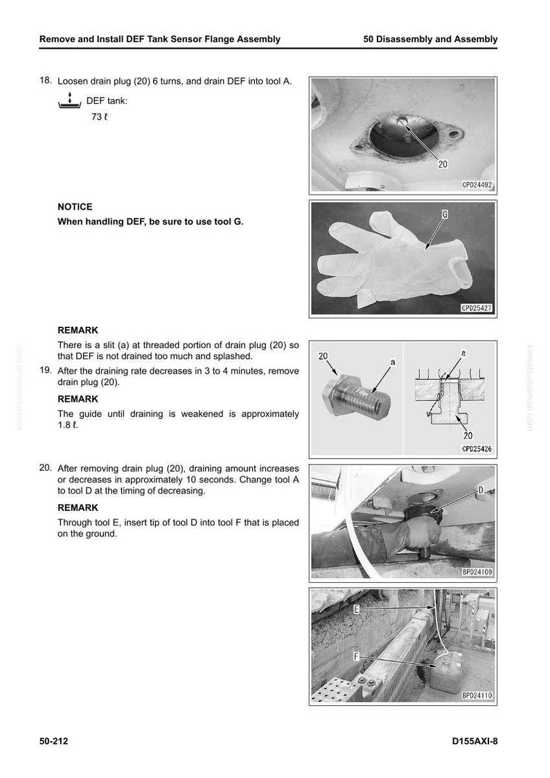 May include: Technical diagram illustrating the disassembly and assembly of a DEF tank sensor flange. Includes images of tools, a drain plug, and a protective glove. Text instructions and measurements are also included.