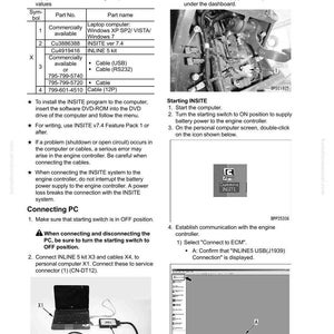 May include: Diagram of engine controller testing and adjusting procedures. Includes a laptop, cables, and a service connector. Text details steps for writing compensation values, connecting a PC, and starting INSITE software. Measurements are not applicable.