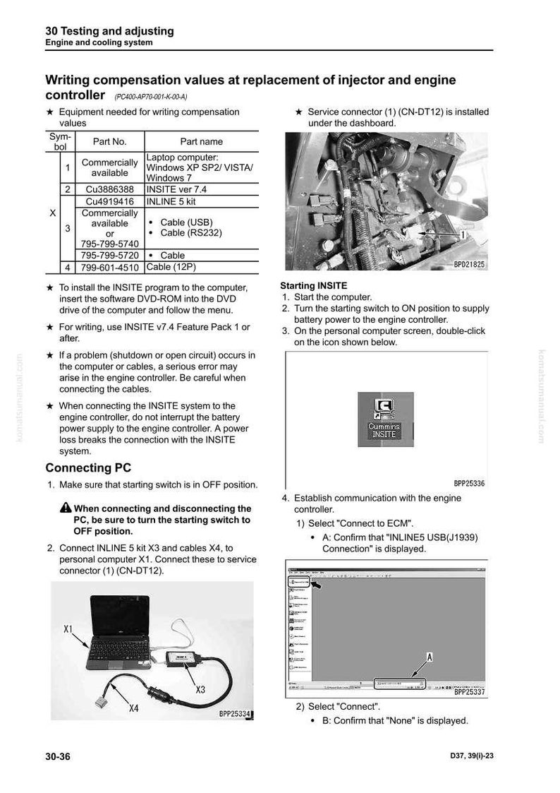 May include: Diagram of engine controller testing and adjusting procedures. Includes a laptop, cables, and a service connector. Text details steps for writing compensation values, connecting a PC, and starting INSITE software. Measurements are not applicable.