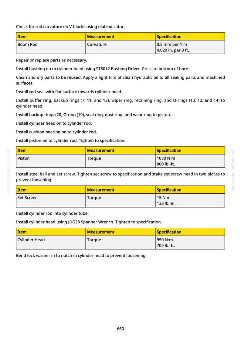 May include: A technical document with instructions for mechanical repairs. It provides torque specifications in N&middot;m and lb.-ft. for components such as the piston and cylinder head. The text is displayed on a white background.