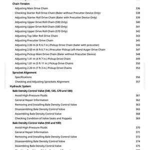 May include: A page from a manual with a table of contents. The text includes topics like "Chain Tension," "Hydraulic System," and "Bale Density Control Valve." Page numbers are listed on the right.