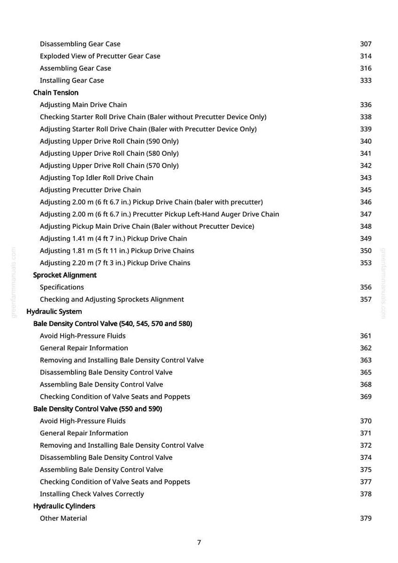 May include: A page from a manual with a table of contents. The text includes topics like "Chain Tension," "Hydraulic System," and "Bale Density Control Valve." Page numbers are listed on the right.