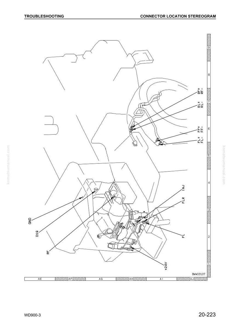 May include: Diagram of a vehicle's electrical system, labeled with text such as "Troubleshooting" and "Connector Location Stereogram." The image is a black and white line drawing with various components and wiring.