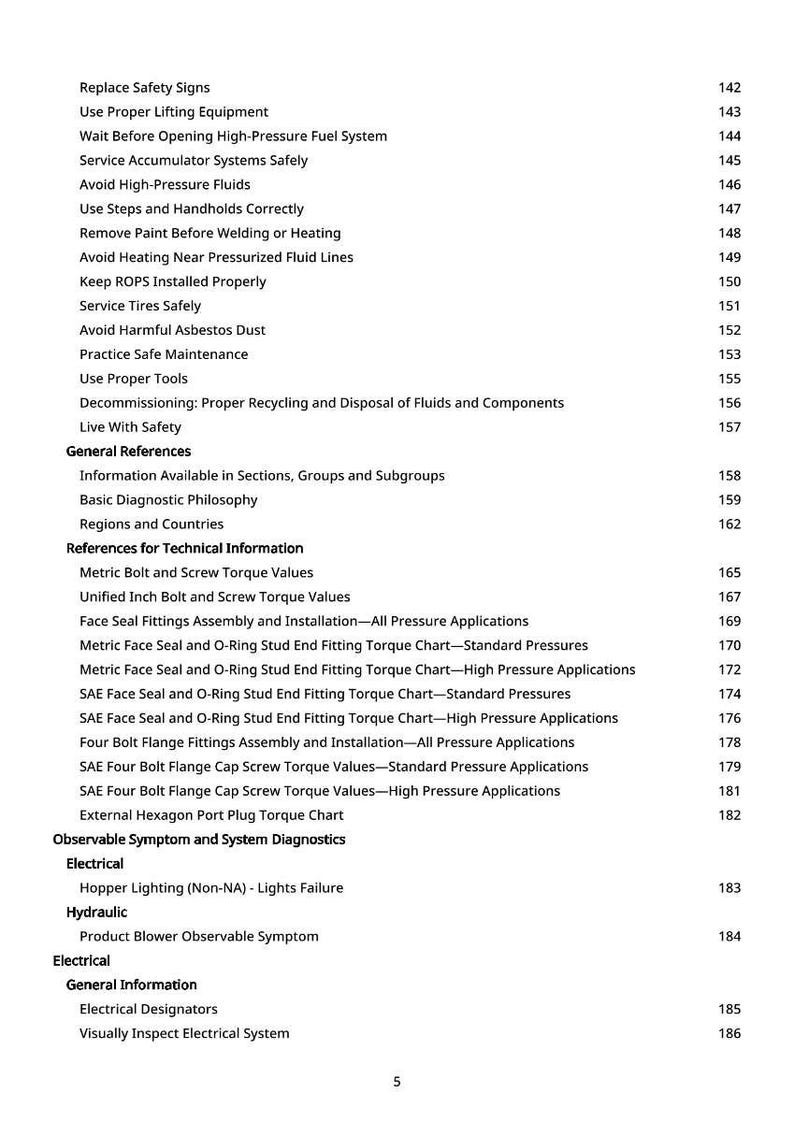 May include: A detailed page from a manual, featuring a table of contents and technical information. The text includes safety guidelines, general references, and torque values for various fittings and components. The page number is 5.