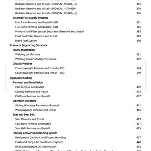 Puede incluir: Una p&aacute;gina de manual con un &iacute;ndice. El texto incluye sistemas auxiliares del motor, sistema de refrigeraci&oacute;n, sistemas externos de suministro de combustible, instalaci&oacute;n del bastidor, pesos del chasis y recinto del operador.