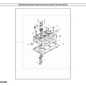 May include: An exploded diagram of a cylinder head assembly, showing various components like bolts, washers, and the cylinder head itself. The diagram is labeled with numbers and includes the text "Zylinderkopf Cylinder head Culasse de cylindre Tapa del cilindro".