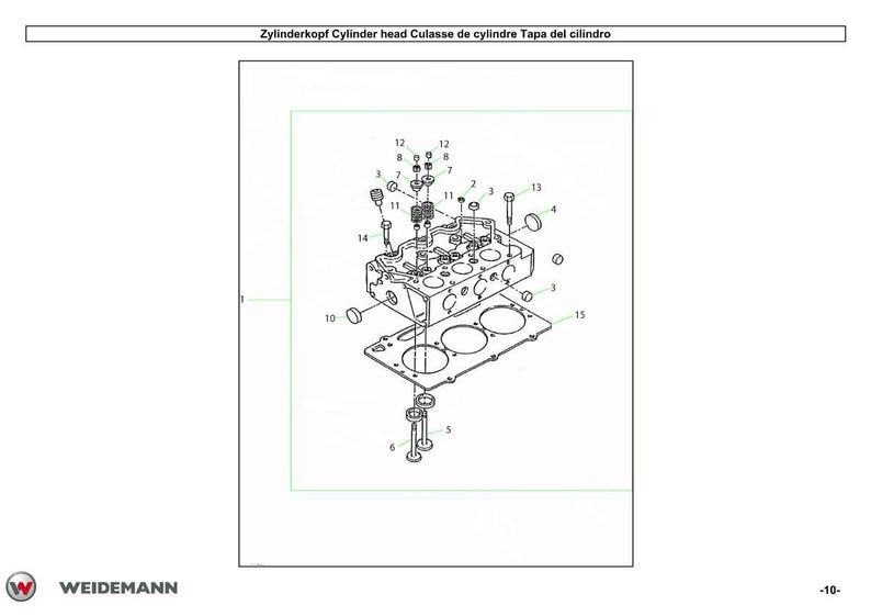 May include: An exploded diagram of a cylinder head assembly, showing various components like bolts, washers, and the cylinder head itself. The diagram is labeled with numbers and includes the text "Zylinderkopf Cylinder head Culasse de cylindre Tapa del cilindro".