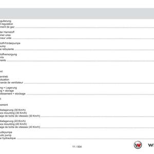 May include: A page from a technical manual with a table of contents in German, English, and French. The document includes sections on cooling, fuel pumps, and gearbox mounting. The Weidemann logo is visible at the bottom right.