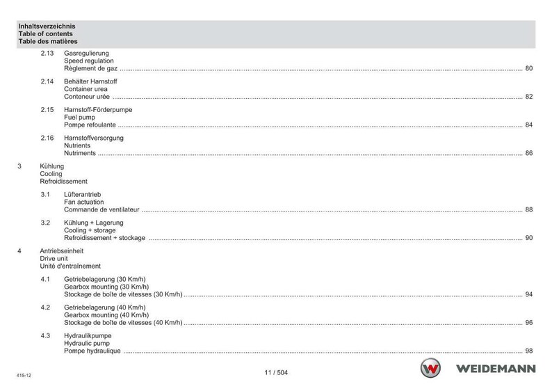 May include: A page from a technical manual with a table of contents in German, English, and French. The document includes sections on cooling, fuel pumps, and gearbox mounting. The Weidemann logo is visible at the bottom right.
