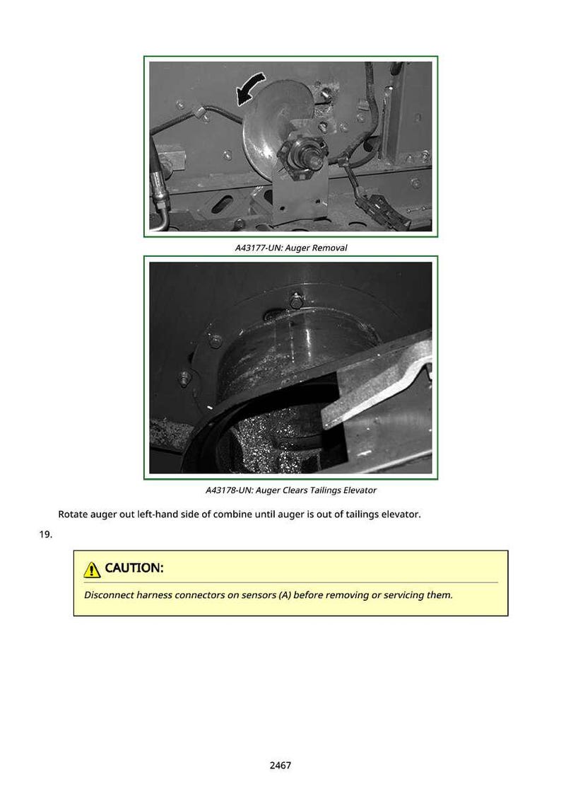 May include: Two black and white images showing mechanical components. The top image is labeled "A43177-UN: Auger Removal" and the bottom image is labeled "A43178-UN: Auger Clears Tailings Elevator". A caution is displayed below the images.
