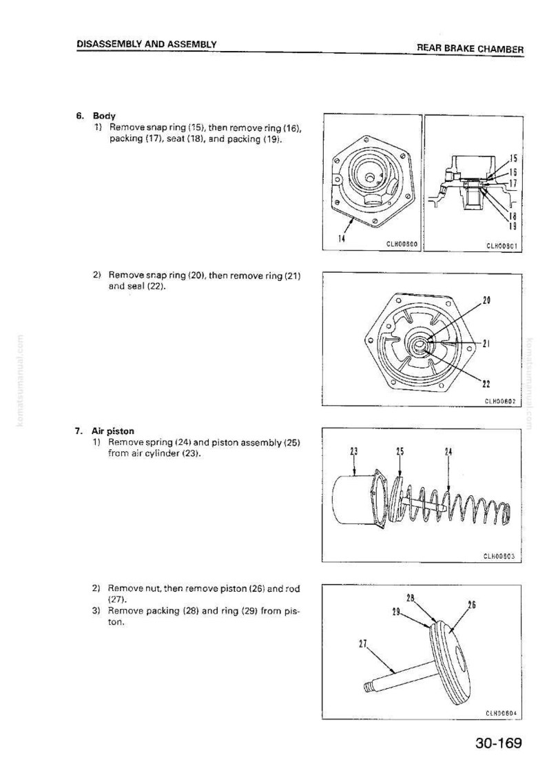 Puede incluir: Diagrama de desmontaje y montaje de la c&aacute;mara de freno trasera. Incluye ilustraciones de componentes del cuerpo, anillos de retenci&oacute;n, empaquetaduras y piezas del pist&oacute;n de aire. Etiquetas de texto.