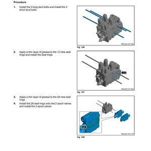 May include: Diagram from a Fendt tractor manual showing hydraulic system components. Includes illustrations of bolts, seal rings, and spool valves. Text instructions are provided for assembly and maintenance.