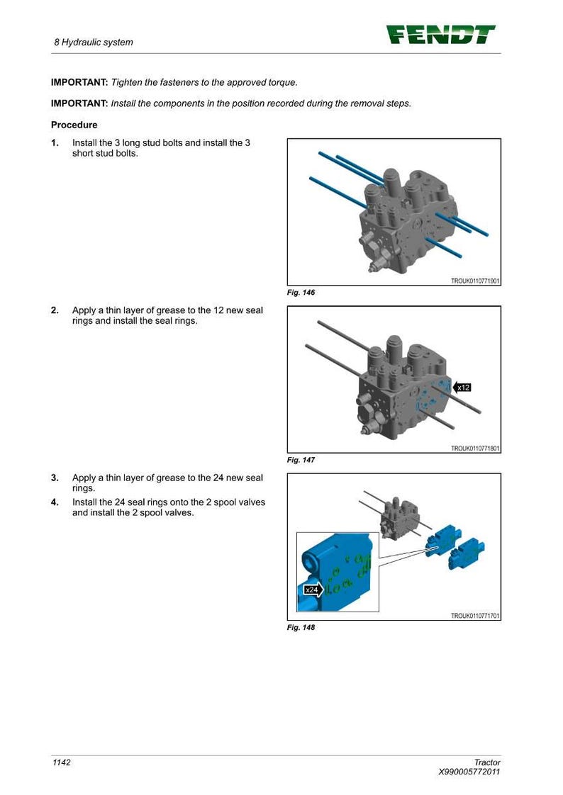 May include: Diagram from a Fendt tractor manual showing hydraulic system components. Includes illustrations of bolts, seal rings, and spool valves. Text instructions are provided for assembly and maintenance.