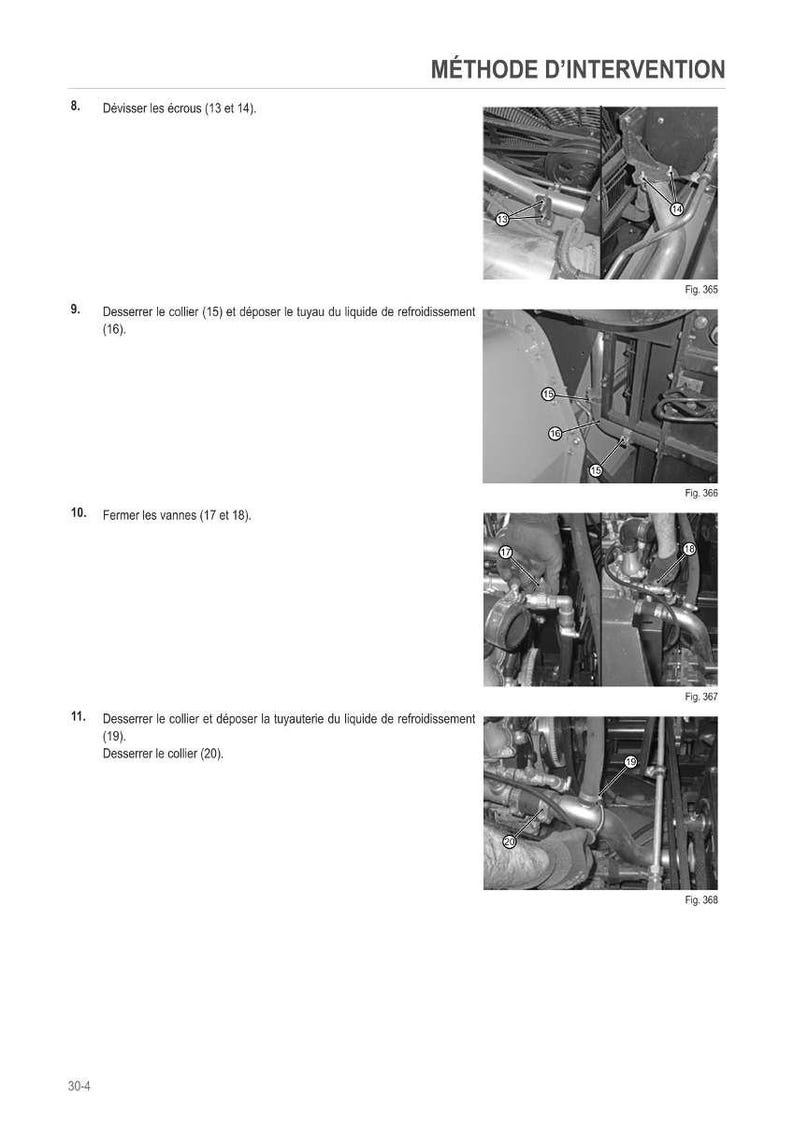 Puede incluir: Una p&aacute;gina de un manual titulada "M&Eacute;THODE D'INTERVENTION" con pasos numerados y diagramas. Los pasos implican la extracci&oacute;n y sustituci&oacute;n de piezas, incluyendo tuercas, abrazaderas y tuber&iacute;as de refrigerante. Se muestran las figuras 365, 366, 367 y 368.
