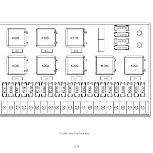 K&ouml;nnte beinhalten: Diagramm eines YC15401-UN Kabinen-Sicherungskastens, das Sicherungsorte und Komponenten zeigt. Das Diagramm enth&auml;lt rechteckige K&auml;sten mit Beschriftungen wie K006, K005 und F011 sowie chinesische Schriftzeichen. Der Text "YC15401-UN: Cab Fuse Box" ist ebenfalls vorhanden.