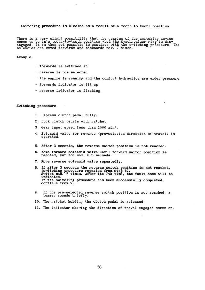 May include: A page from a technical manual detailing a switching procedure, likely for a vehicle. The text explains a tooth-to-tooth position issue and provides numbered steps for troubleshooting. The page includes an example and a fault code.
