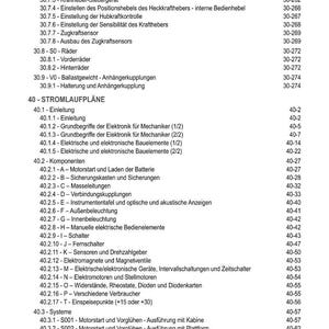 Op de afbeelding: Een gedetailleerde inhoudsopgave in zwarte tekst op een witte achtergrond. Het document bevat verschillende secties en subsecties, waaronder onderwerpen als Heckkraftheber, R&auml;der, Stromlaufpl&auml;ne en Systeme, met bijbehorende paginanummers.