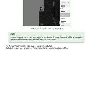 May include: Screenshot of a tablet screen displaying the Harvest Mobile app interface. The screen shows a map, a menu, and the text "PC22500-UN: Connectivity showing ubnt (Bullet)". Additional text provides instructions for tablet connectivity.