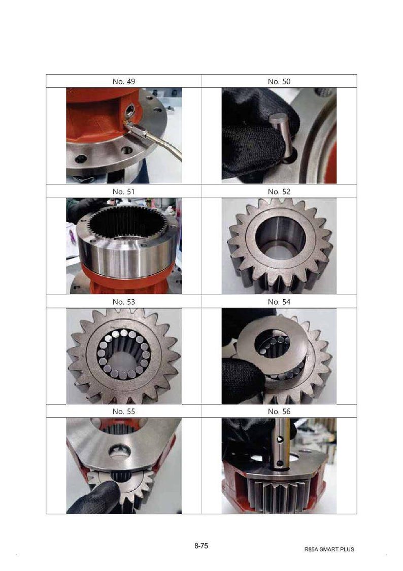 May include: A page from a manual showing close-up images of mechanical components. The images include gears, bearings, and other parts, with labels like "No. 49" to "No. 56". The text "R85A SMART PLUS" is visible.