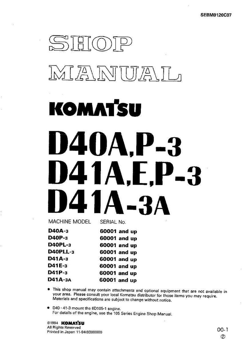 May include: A white shop manual with black text. The cover features the title "SHOP MANUAL" and the Komatsu logo. Model numbers D40A,P-3, D41A,E,P-3, and D41A-3A are prominently displayed. Includes a list of machine models and serial numbers.