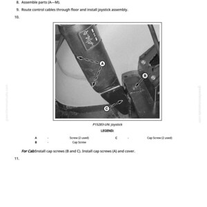 Puede incluir: Diagrama de un conjunto de joystick con flechas que indican las ubicaciones de los tornillos. El texto incluye instrucciones para el desmontaje, la inspecci&oacute;n y el reensamblaje de las piezas. La leyenda identifica los tipos y cantidades de tornillos.