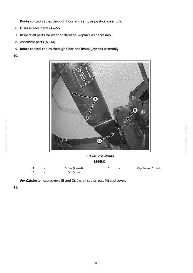 Puede incluir: Diagrama de un conjunto de joystick con flechas que indican las ubicaciones de los tornillos. El texto incluye instrucciones para el desmontaje, la inspecci&oacute;n y el reensamblaje de las piezas. La leyenda identifica los tipos y cantidades de tornillos.