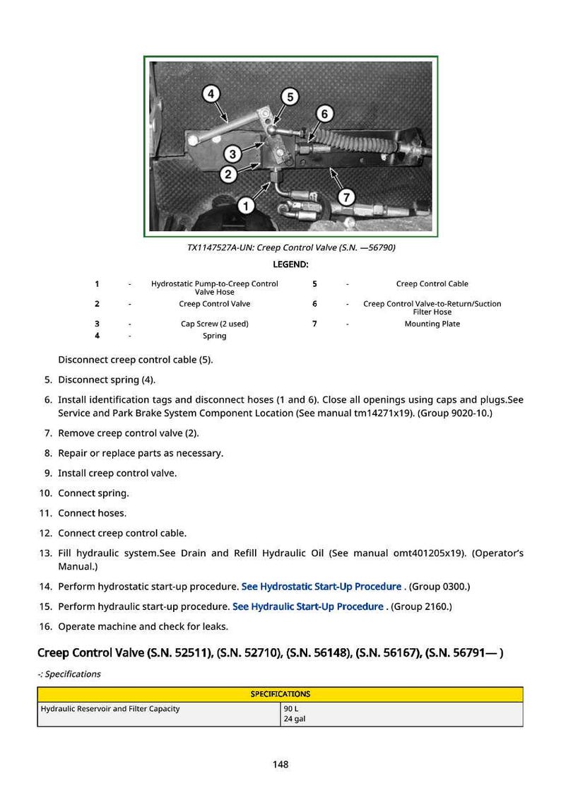 May include: Diagram of a creep control valve assembly with labeled components. Includes a valve hose, creep control valve, cap screws, spring, and creep control cable. Text provides instructions for maintenance and operation.