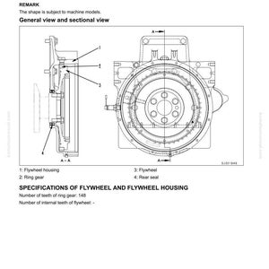 May include: Technical diagram showing the structure of an engine's flywheel and flywheel housing. The image provides a general and sectional view, with labels for key components. The ring gear has 148 teeth. Measurements are in metric units.