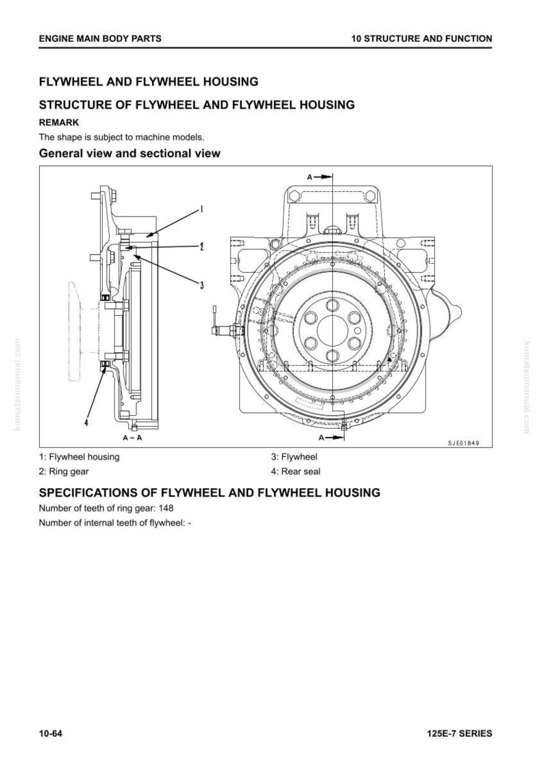 May include: Technical diagram showing the structure of an engine's flywheel and flywheel housing. The image provides a general and sectional view, with labels for key components. The ring gear has 148 teeth. Measurements are in metric units.
