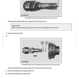 May include: Diagram of mechanical components with labels and instructions. The image shows a detailed view of a shaft, gears, and pins, with text instructions for assembly and maintenance. The text includes "KM1000385" and "KM1000386".