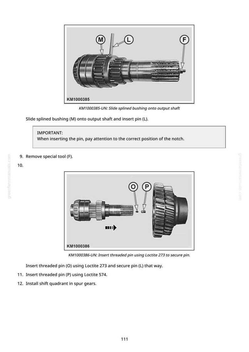 May include: Diagram of mechanical components with labels and instructions. The image shows a detailed view of a shaft, gears, and pins, with text instructions for assembly and maintenance. The text includes "KM1000385" and "KM1000386".