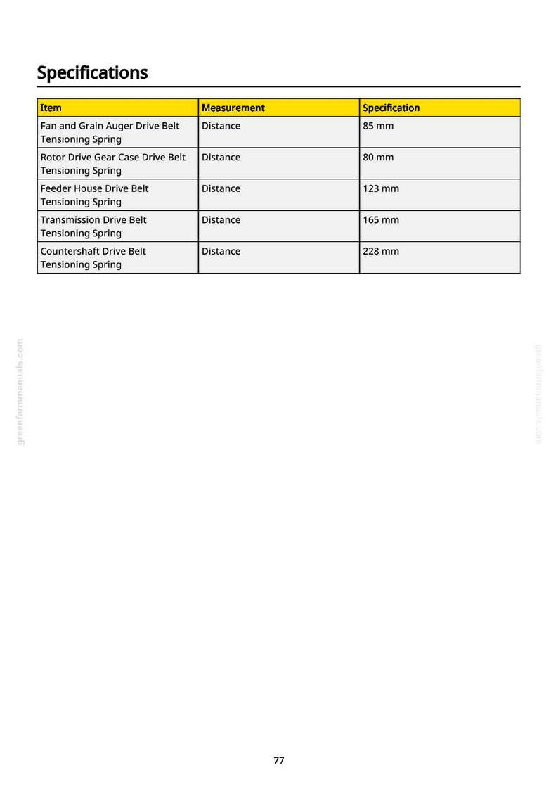 Puede incluir: Tabla de "Especificaciones" con medidas en mil&iacute;metros para correas y resortes tensores. Las medidas var&iacute;an de 80 mm a 228 mm. La tabla est&aacute; sobre un fondo blanco.