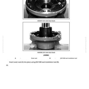 Op de afbeelding: Diagram van asstubs afdichtingen, gelabeld A en B, met de tekst "H64047-UN: Axle Stub Seals" en "H64046-UN: Axle Stub Seals". De legenda geeft "Buitendichting" en "JDG1380 seal installation tool" aan.