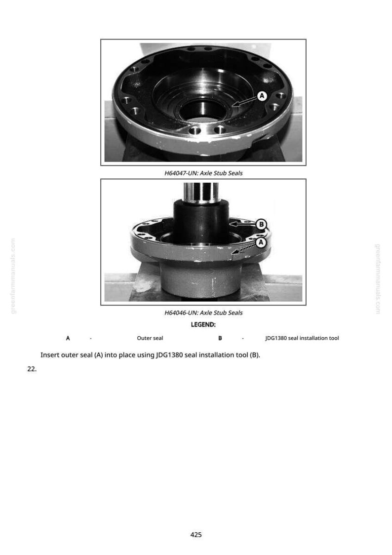 Op de afbeelding: Diagram van asstubs afdichtingen, gelabeld A en B, met de tekst "H64047-UN: Axle Stub Seals" en "H64046-UN: Axle Stub Seals". De legenda geeft "Buitendichting" en "JDG1380 seal installation tool" aan.