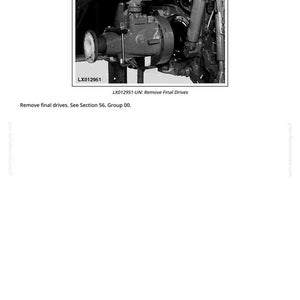 May include: Black and white technical diagram labeled "Preliminary Work" with a detailed view of mechanical components. The diagram includes the text "LX012951" and instructions to remove final drives. The image is a technical illustration.