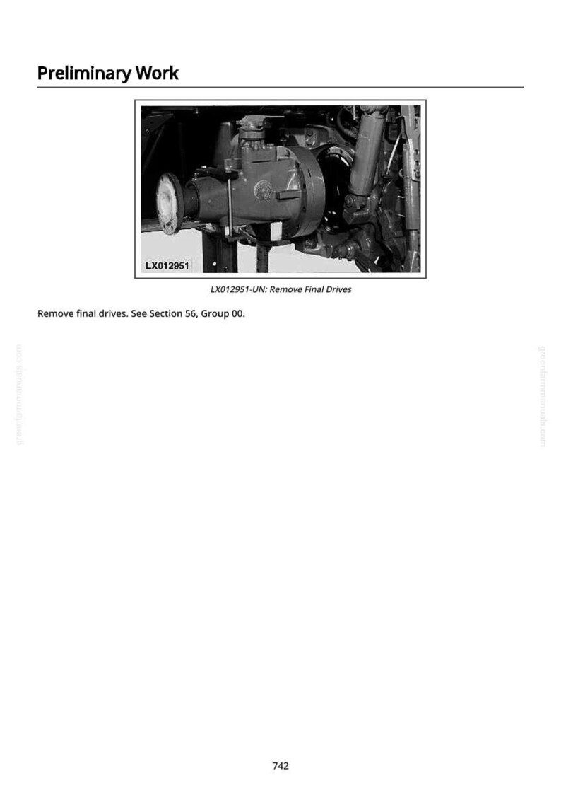 May include: Black and white technical diagram labeled "Preliminary Work" with a detailed view of mechanical components. The diagram includes the text "LX012951" and instructions to remove final drives. The image is a technical illustration.