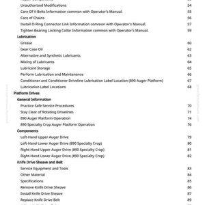 Peut inclure: Une page blanche d'un manuel avec une liste de sujets et de num&eacute;ros de page. Les sujets incluent "Knockdown Bar", "Lubrication", "Platform Drives" et "Knife Drive Sheave and Belt". Le num&eacute;ro de page est 3.